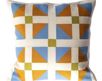 Modernes geometrisches quadratisches Patchwork-Leinenkissen