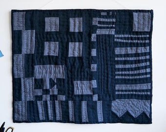 Modernes Blaues Abstraktes Geometrisches Streifen Patchwork Wandbehang