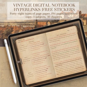Digital Notebook, Vintage, Free Stickers, Hyperlinked, Designed for Students & Office Worker, GoodNotes, Notability, Xodo, Noteshelf…