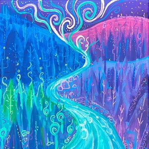 Estaciones mágicas Bosque Río de las Almas Reencarnación 8x10 Lienzo Original Acrílico Pintura