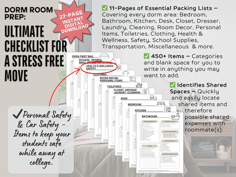 College Move-in Checklist, Dorm Room Essentials (PDF Download) - Etsy
