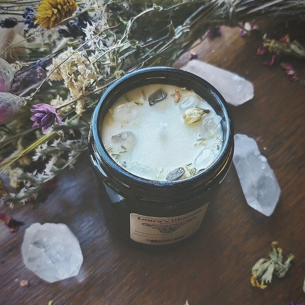 Energy cleansing apothecary candle with essential oils, botanicals and crystals, aura cleansing, ritual cleansing, aura candle, Ostara