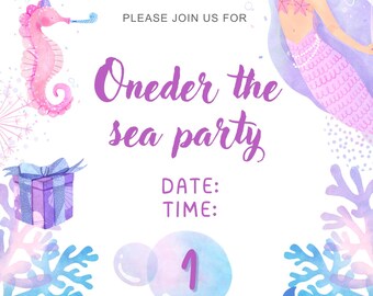 Mermaid 1st Birthday Invitation, Under the Sea Party (Digital Download)