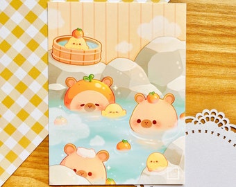 Cute Capybaras and Duckies in Hot Spring Art Print