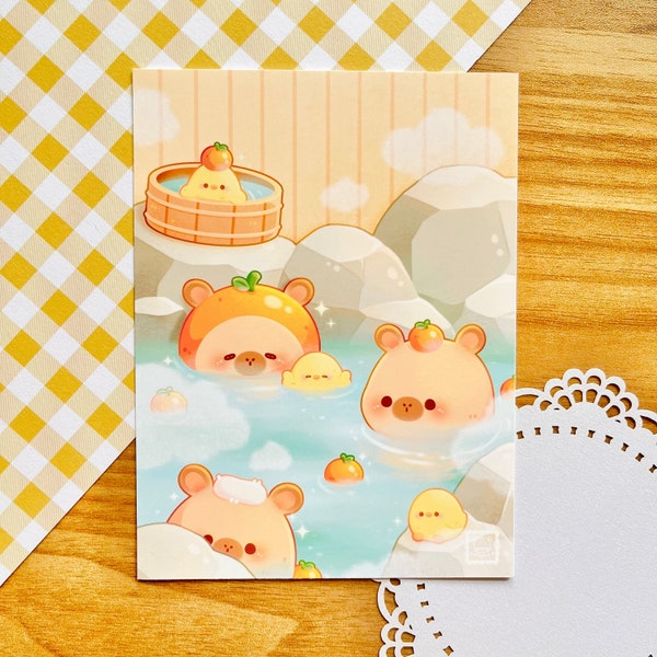 Cute Capybaras and Duckies in Hot Spring Art Print