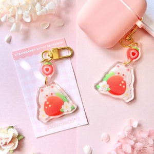 Cute Cat and Strawberry Acrylic Keychain Charm with Glitter Epoxy
