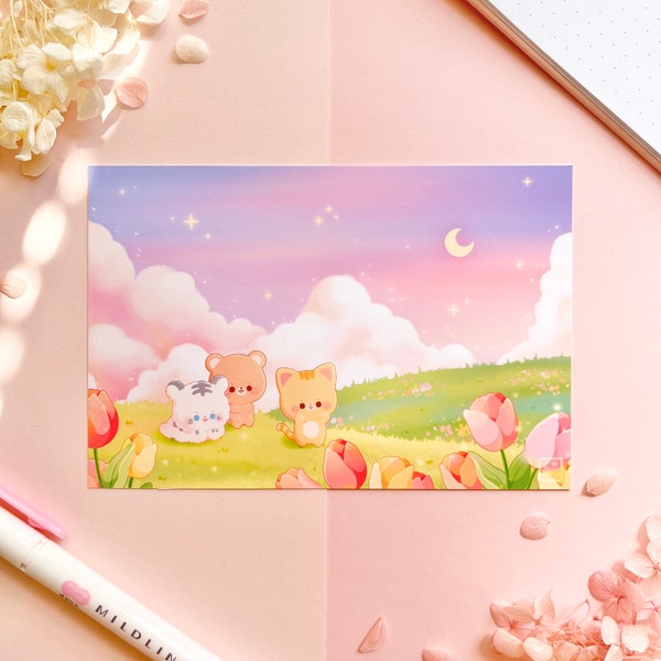 Dreamy Tulip Field and Stargazing with Cute Bear, Cat, and Tiger Art Print