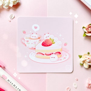 Cute Strawberry Cake Tea and Cat Art Print