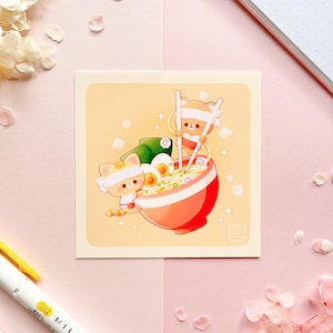 Ramen Bowl with Cute Bear and Cat Art Print