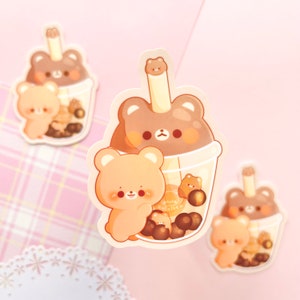 Boba mignon/autocollant d'ours de thé de | Journal, ordinateur portable, bouteille, autocollant pour agenda | autocollant holographique | Sticker imperméable et résistant aux intempéries |
