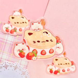 Cute Strawberry Shortcat Sticker | Journal, laptop, bottle, planner sticker | Holographic Sticker | Waterproof Weatherproof sticker |