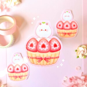 Cute Cat Strawberry Tart Sticker | Journal, laptop, bottle, planner sticker | Holographic Sticker | Waterproof Weatherproofsticker |
