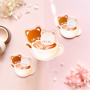 Cute Cats in Coffee Latte Cappuccino Vinyl Sticker | Journal, laptop, bottle planner sticker | Waterproof Weatherproof sticker |