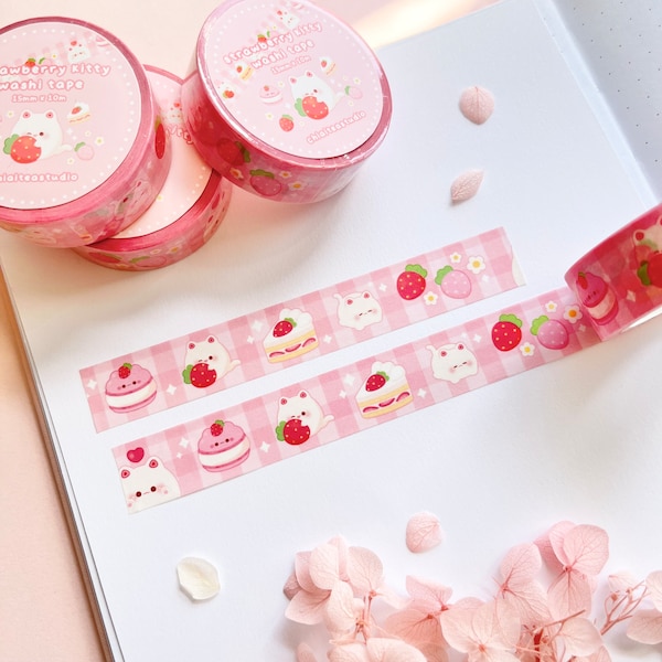 Cute Strawberry Cat Washi Tape | Decorative tape | Journaling Tape | Scrapbooking Tape | Planner / Bullet Journal Supplies