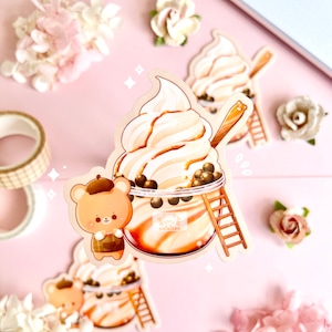 Autocollant de crème glacée Boba à la cassonade | Journal, ordinateur portable, bouteille, autocollant de planificateur | Autocollant holographique | Autocollant imperméable et résistant aux intempéries |