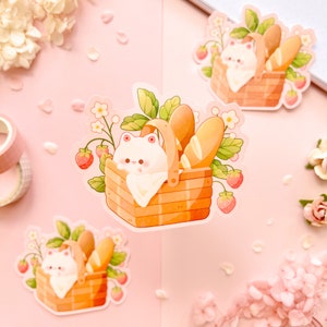 Cute Strawberry Cat Picnic | Journal, laptop, bottle, planner sticker | Holographic Sticker | Waterproof Sticker | Weatherproof sticker |