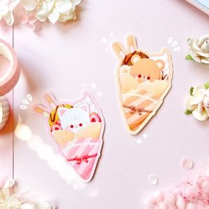 Autocollant mignon de crêpe d’ours et de chat | Journal, ordinateur portable, bouteille, autocollant de planificateur | Autocollant holographique | Autocollant imperméable à l’eau | Autocollant résistant aux intempéries |