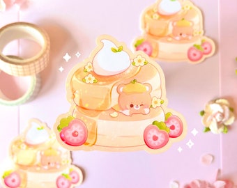 Cute Bear Souffle Pancake Flower Sticker | Journal, laptop, bottle, planner sticker | Holographic Sticker | Waterproof Weatherproofsticker |