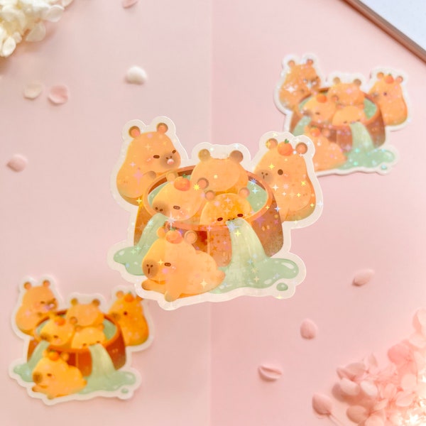 Cute Capybara Bath Sticker| Journal, laptop, bottle, planner sticker | Holographic Sticker | Waterproof Sticker | Weatherproof sticker |