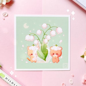 Dreamy Lily of the Valley in Glass Vase with Cute Bear Cat and Tiger Art Print