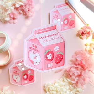 Sticker en vinyle Chats mignons dans la maison du lait aux fraises | Sticker agenda, ordinateur portable, bouteille | Sticker résistant aux intempéries |