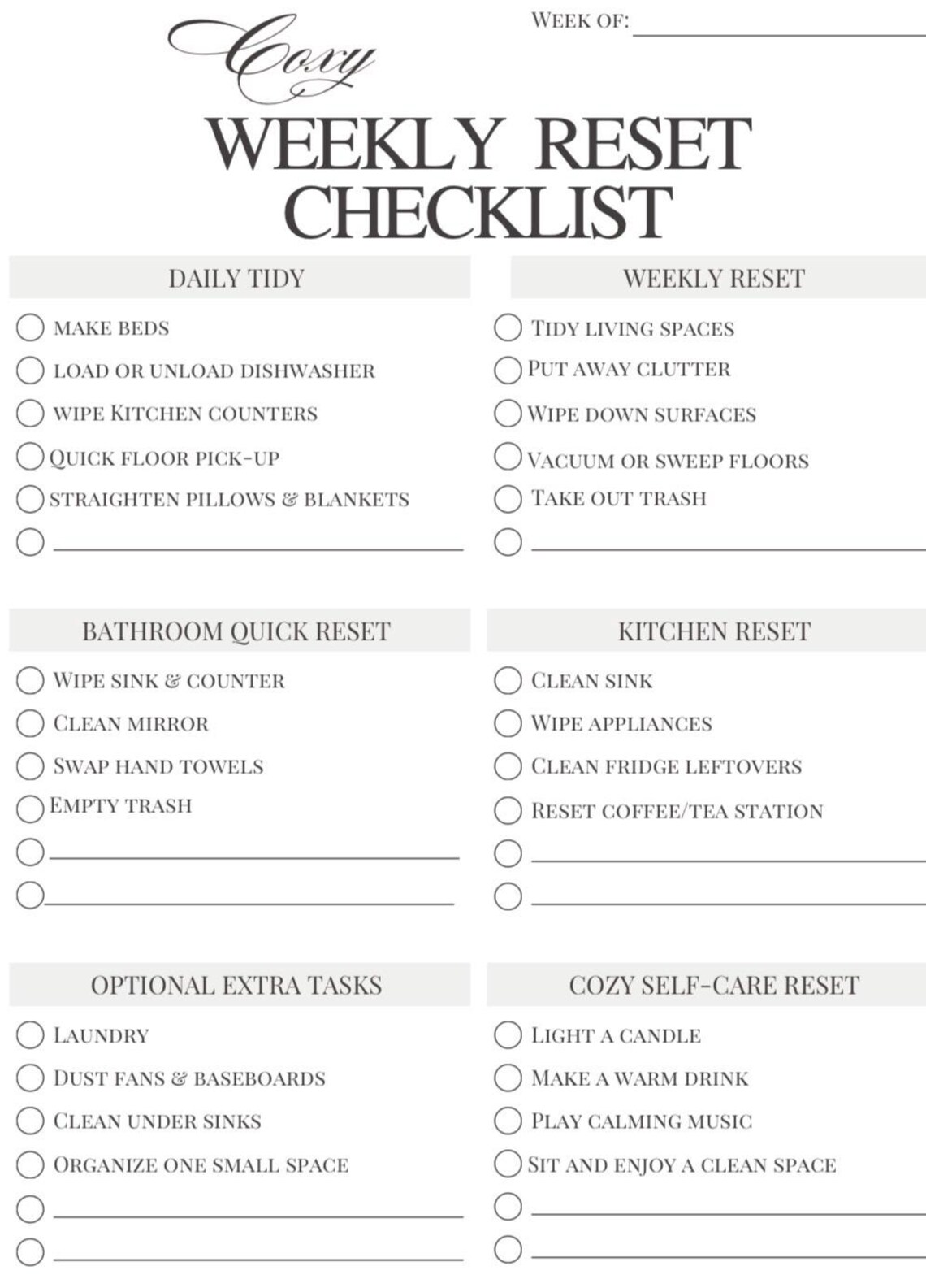 Cozy Sunday Reset Checklist Printable | Weekly Home Reset Routine for ...