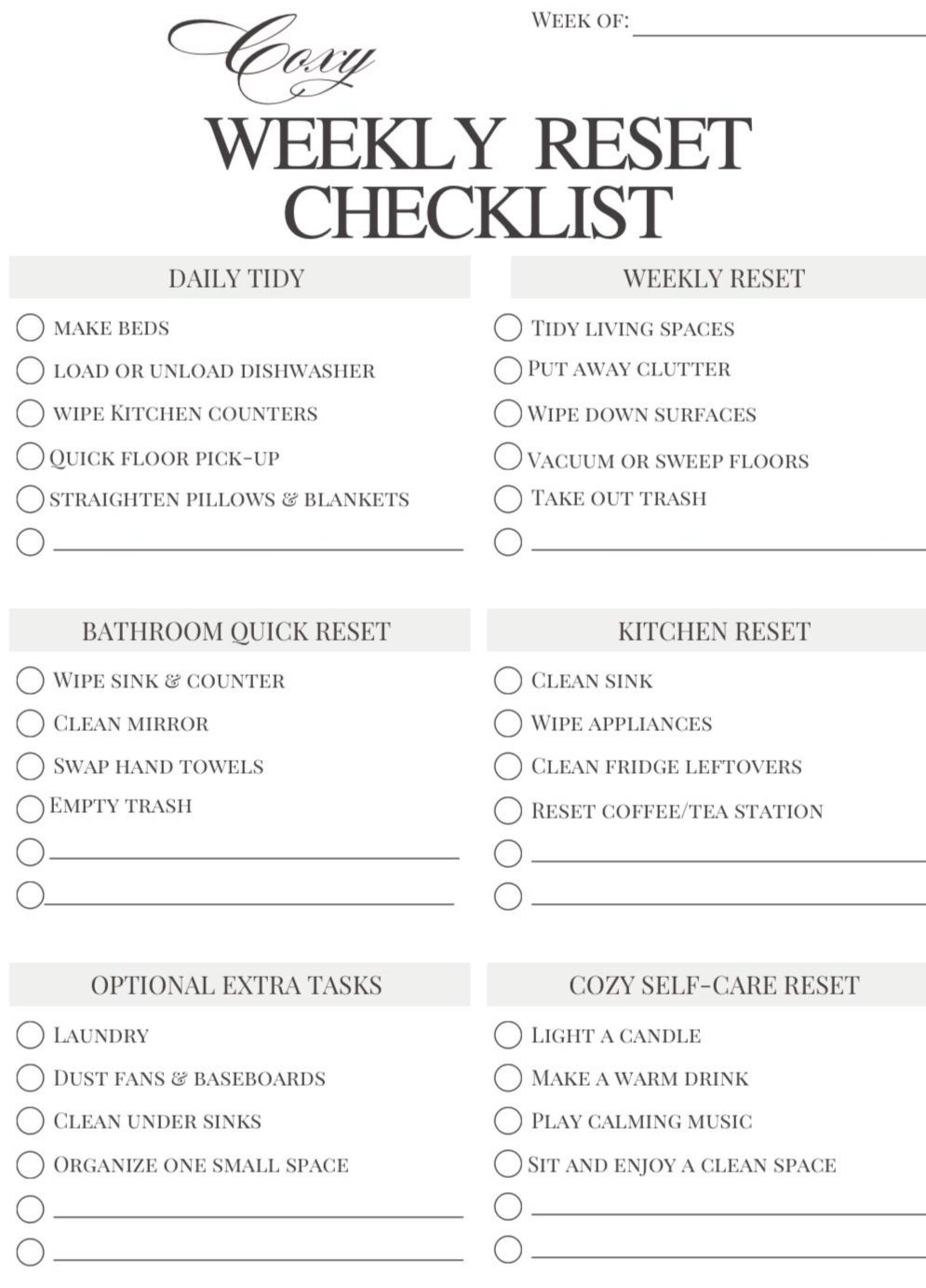 Cozy Weekly Reset Checklist Printable | Simple Home Cleaning Routine ...