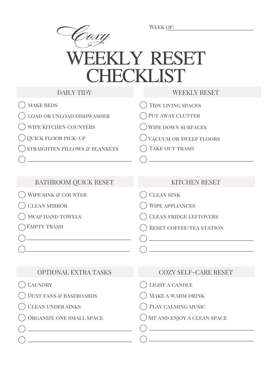 Cozy Sunday Reset Checklist Printable | Weekly Home Reset Routine for ...