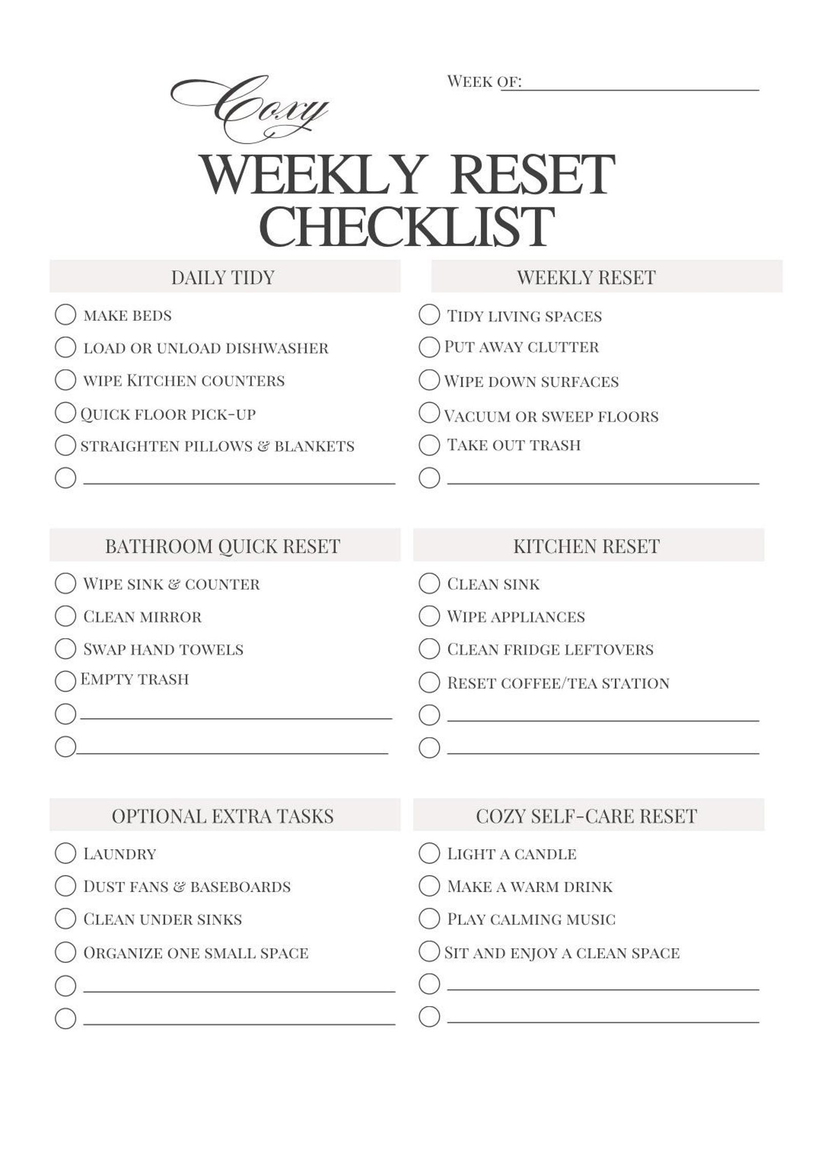 Cozy Sunday Reset Checklist Printable | Weekly Home Reset Routine for ...