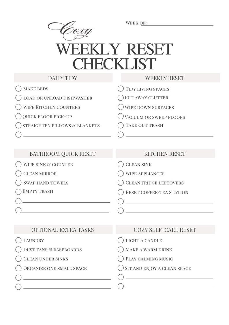 Cozy Sunday Reset Checklist Printable | Weekly Home Reset Routine for ...