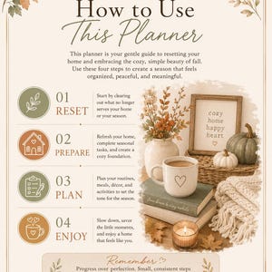 May include: An instructional guide titled How to Use This Planner by The Cozy Reset Co. The document outlines four steps: 01 Reset, 02 Prepare, 03 Plan, and 04 Enjoy. It features autumn-themed illustrations, a mug with a heart, books, and pumpkins.