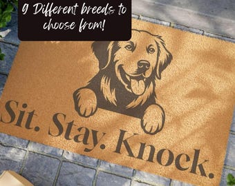 Personalized Funny Dog Doormat, Sit stay knock, Dog Humor Entryway Welcome Mat, Housewarming Gift Pet owners,  New Home Decor Rug