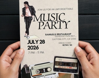 Op Michael Jackson geïnspireerde uitnodiging voor feest, Canva bewerkbare digitale uitnodiging, muziekfeest, 80's themafeestuitnodiging