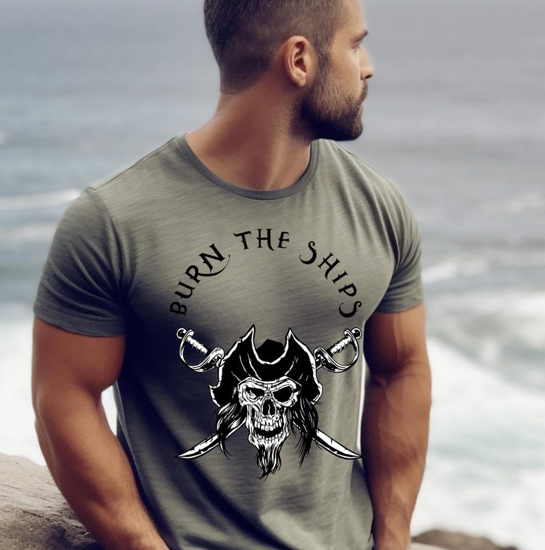 Brennen Sie das Ships Herren T-Shirt - Motivationsshirt, vom Glauben inspiriertes T-Shirt, kein Turning Back Shirt, Krieger Mindset Shirt, Fitnessstudio oder Fitness Geschenk Bild 1