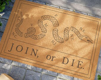 Join or Die Coir Doormat, USA 250 Patriotic Door Mat, Revolutionary War Welcome Mat, Colonial America Porch Decor, Fourth of July Entry Rug