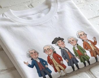 子供用建国の父漫画Tシャツ、アメリカ建国250周年記念シャツ、愛国的な子供向け、アメリカ史子供用シャツ、7月4日衣装