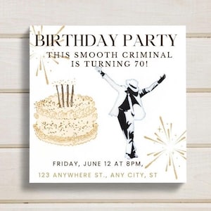Plantilla de invitación para el 70.º cumpleaños inspirada en Michael Jackson (Canva editable) / Tema Smooth Criminal / Invitación de cumpleaños digital editable