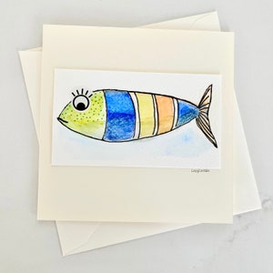 Carte de voeux artistique, poisson. Aquarelle et encre noir. Unique et peint à la main. Oeuvre original. Page blanche à l'intérieur.