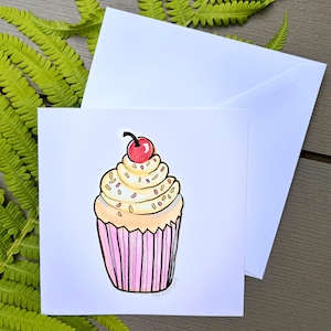 Carte de voeux artistique vierge. Aquarelle, papier et encre. Unique. Peint à la main avec amour. Oeuvre originale. Anniversaire. Cupcake.