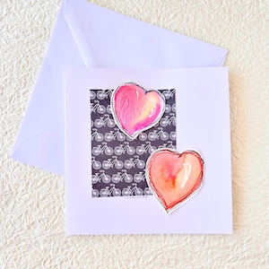 Carte de voeux artistique vierge, coeur, Aquarelle, papier et encre. Unique. Peint à la main avec amour. Oeuvre originale. Vélos.