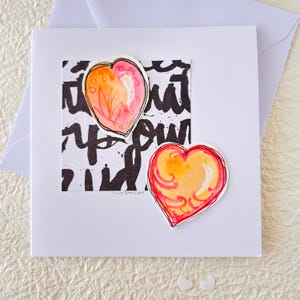 Carte de voeux artistique vierge, coeur, Aquarelle, papier et encre. Unique. Peint à la main avec amour. Oeuvre originale.