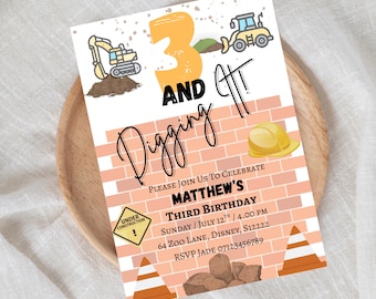3 And Digging It - Third Birthday Construction Party Invite - Digital Download - Digger Birthday Invitation