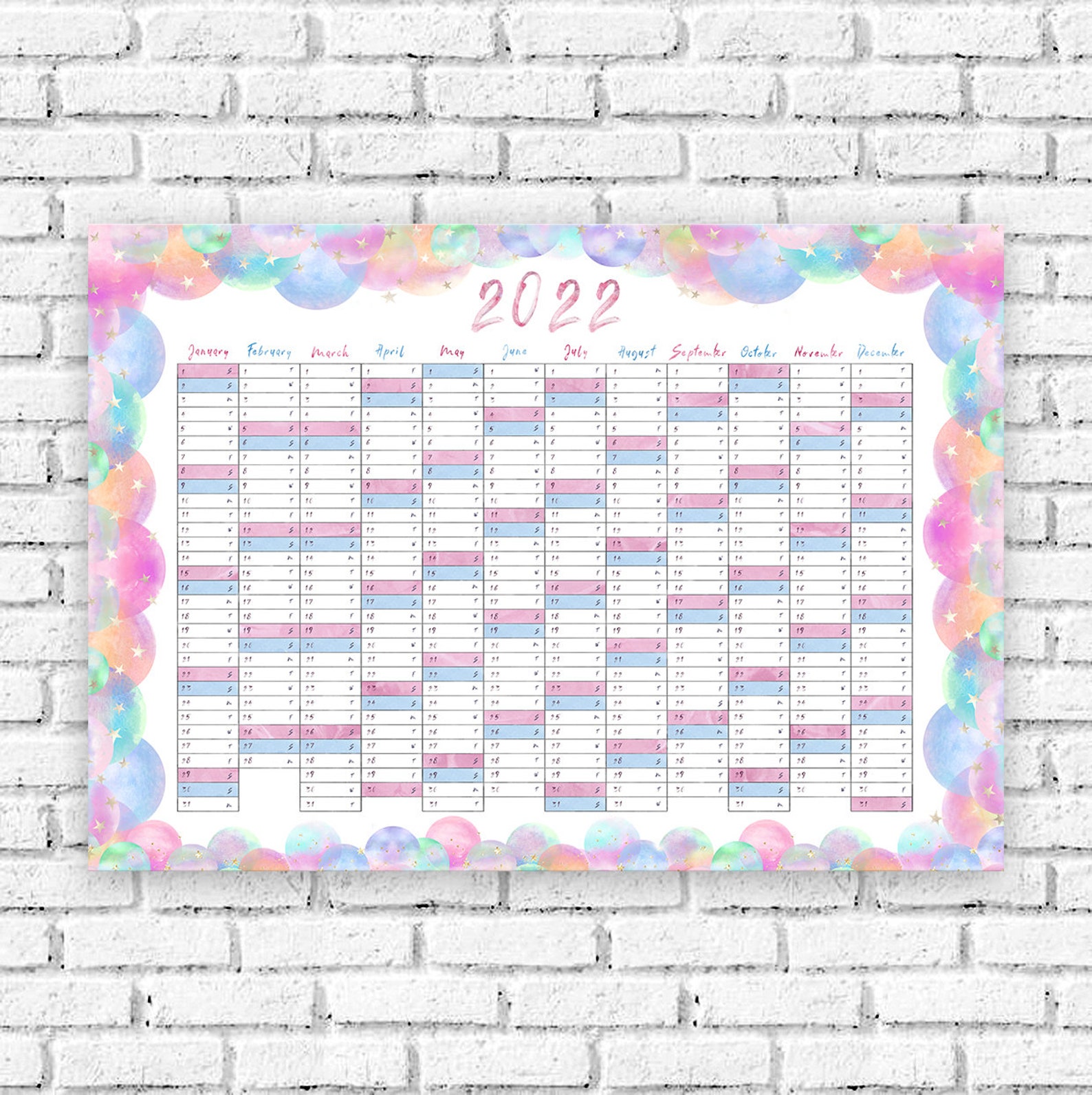 2022 wall planner rainbow balloon star watercolor