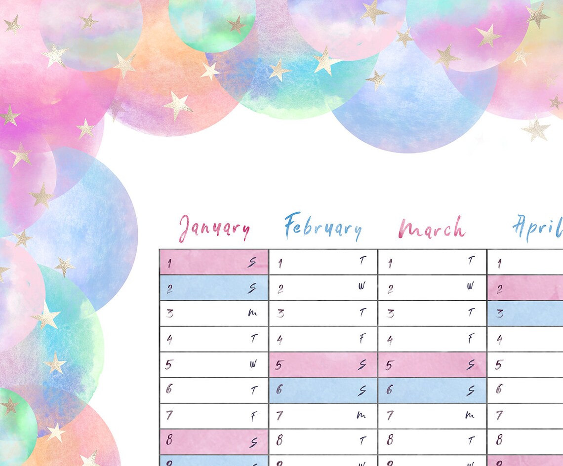 2022 wall planner rainbow balloon star watercolor