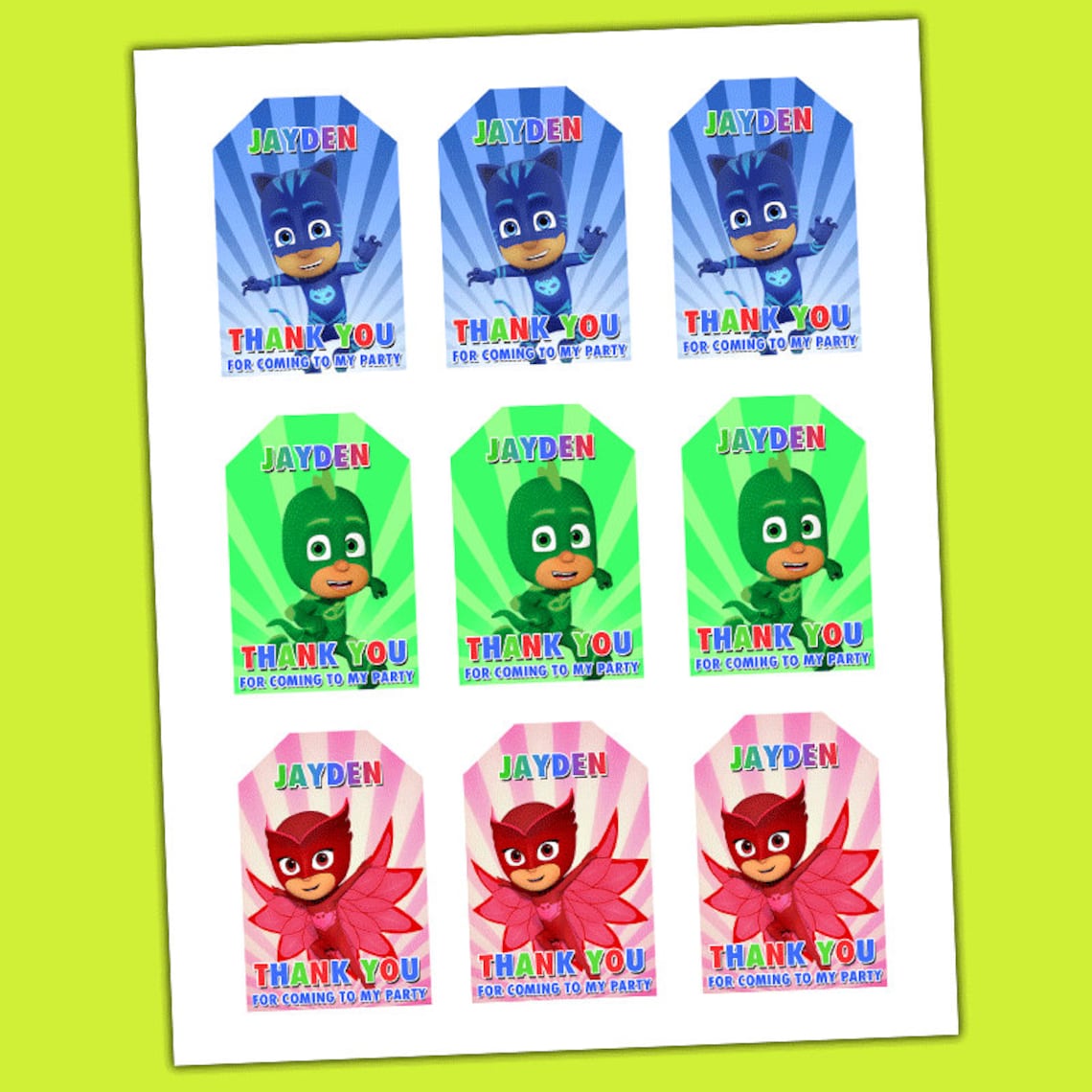 Pj Masks Thank You Tags Pj Masks Tags Pj Masks Favor Tag | Etsy