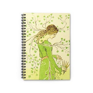 Puede incluir: Una ilustración vintage de una mujer con un vestido verde de pie en un campo de hojas verdes. Ella sostiene un manojo de ramitas en su mano.