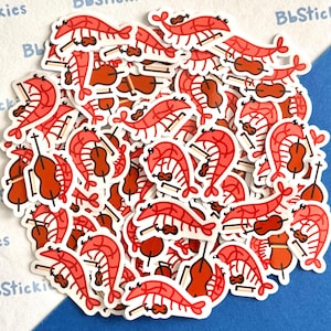 May include: A collection of stickers featuring cartoon shrimp playing violins. The stickers are red and white, with a cartoon shrimp design. The stickers are on a white and blue background.