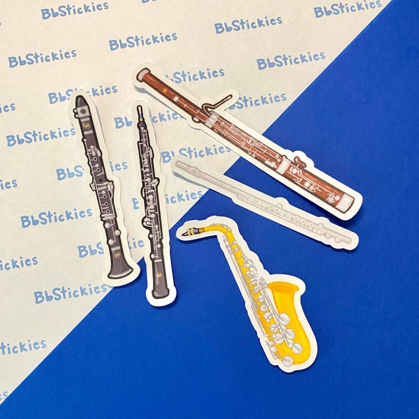 Woodwind Instruments Laminated Stickers | Flute Sticker | Oboe Sticker | Clarinet Sticker | Bassoon Sticker | Saxophone Sticker