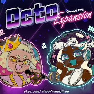 May include: Enamel pins featuring Pearl and Marina from Octo Expansion. Pearl is depicted with a crown and microphone, while Marina has headphones. The pins are set against a purple background with the text "Octo Expansion". The Etsy shop URL is visible.