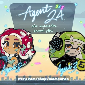 May include: Two enamel pins with cartoon characters. One pin is red and white, with the text "Agent 8". The other is green and black, with the text "Agent 3". The text "Agent 24" is above the pins, with the Etsy shop URL at the bottom.